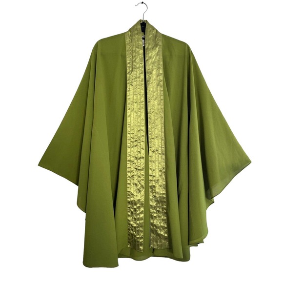 Vintage Tally Taylor Womens Jacket 18W Green Open Front Kaftan Sleeve Satin Trim - Picture 1 of 7